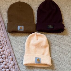 Carhartt Beanies - camel, pink, and 1 burgundy Burton beanie $15 each.